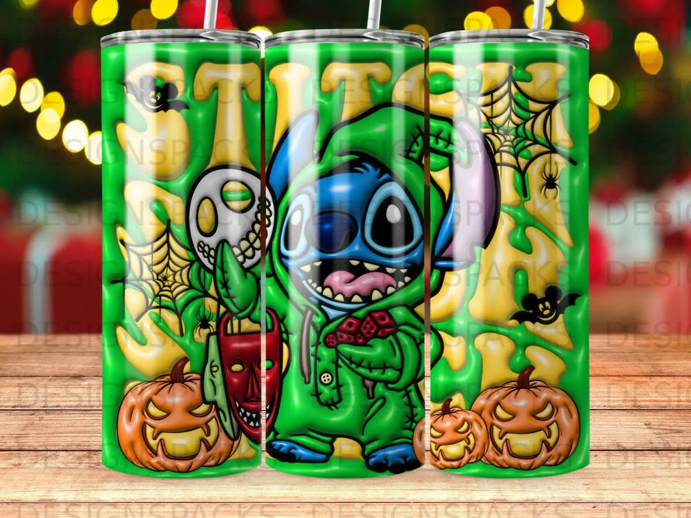 Stitch in green costume holding pumpkin, spiderweb, and bat Halloween decoration.