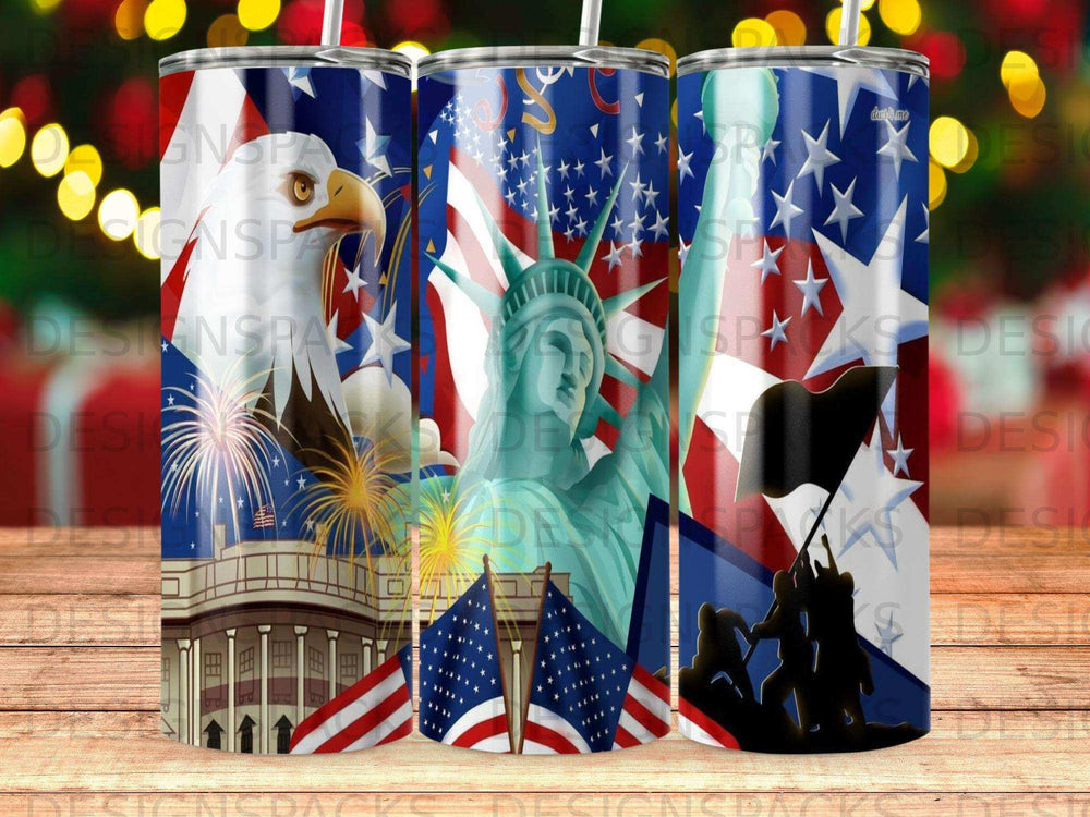 Statue of Liberty, American flag, fireworks, and memorial scene on a tumbler.