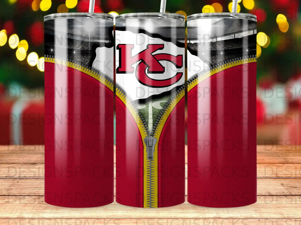 Kansas City Chiefs logo on a zipper-themed tumbler with stadium background.