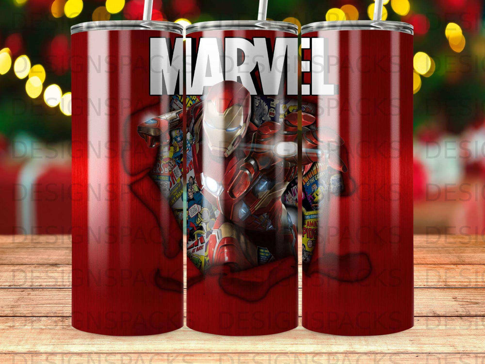 Marvel Comics Iron Man and other superheroes featured on a tumbler.