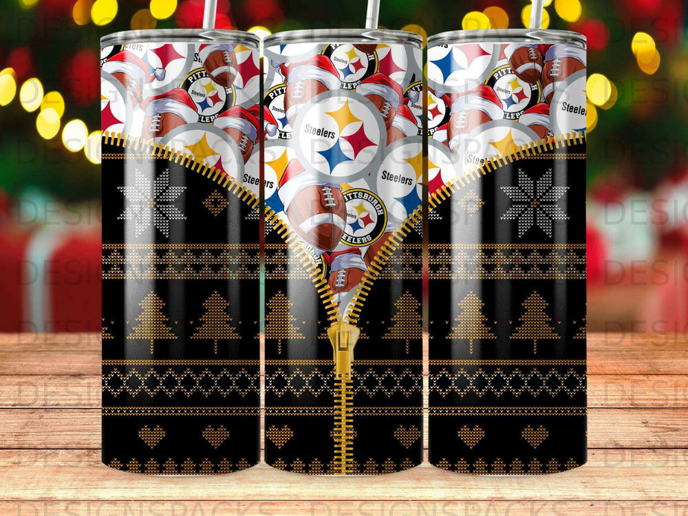Pittsburgh Steelers tumbler with holiday pattern and football accents.