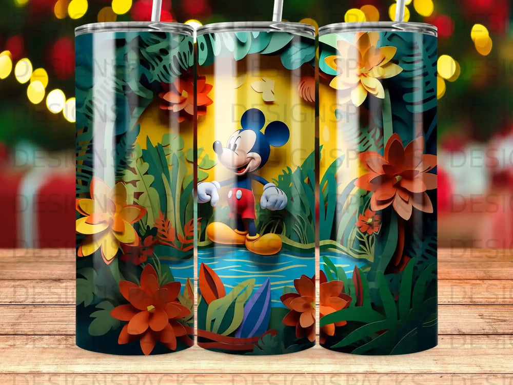 Mickey Mouse character in a colorful jungle scene with tropical flowers and water.