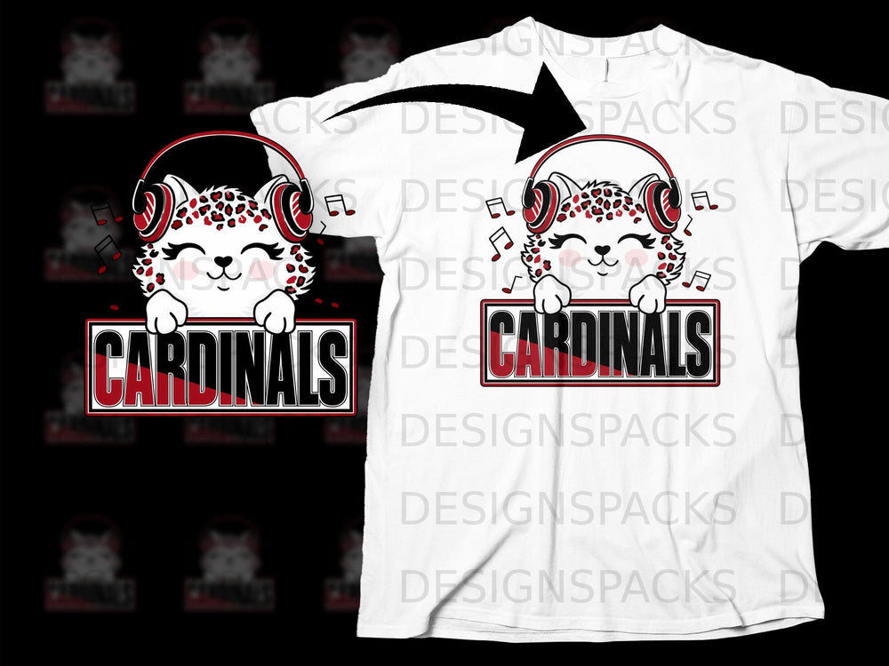Cute cheetah with headphones holding a "CARDINALS" sign.