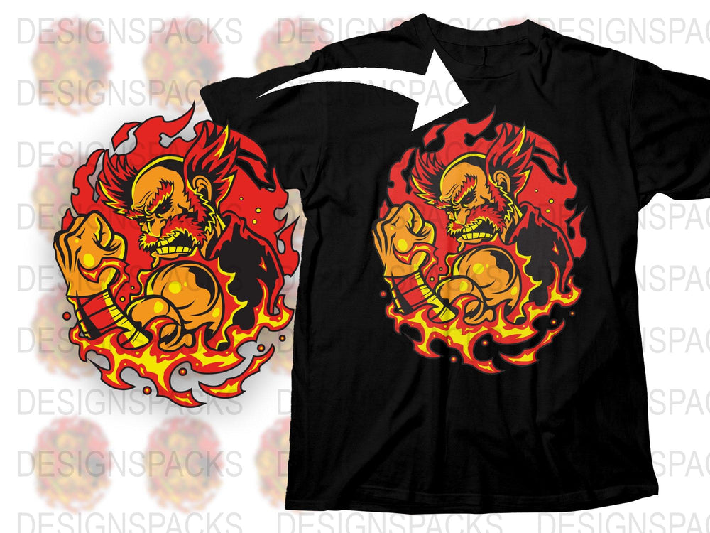 Men's Graphic Tee Fire Demon Design, Bold Red and Orange Flames, Unique Streetwear T-Shirt