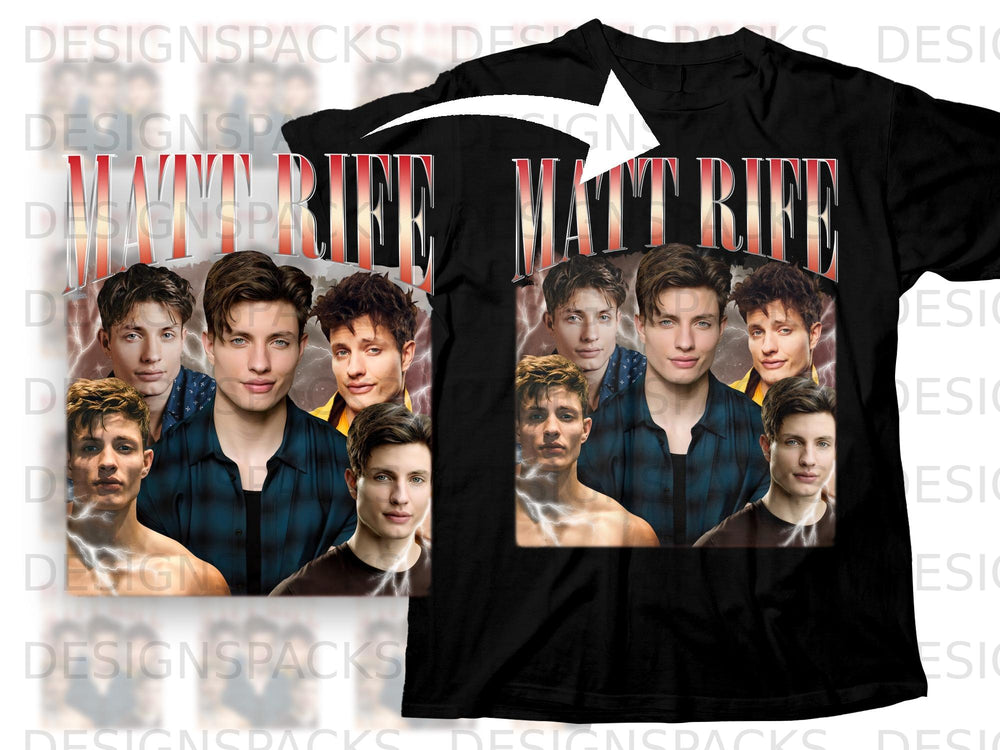 Black t-shirt with "MATT RIFE" text and a collage of portraits.