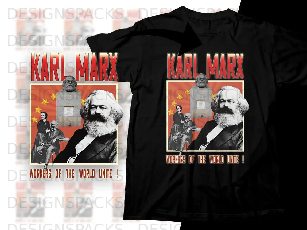 Black t-shirt with Karl Marx portrait and "Workers of the World Unite!" text.
