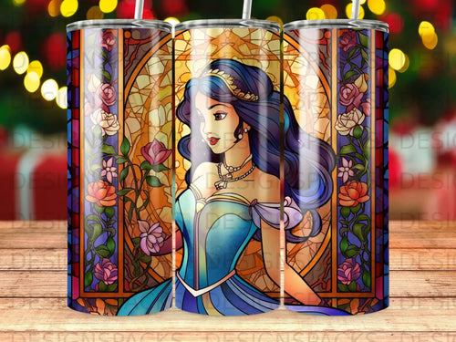 Stained glass tumbler with a princess profile, framed by flowers and ornate details.