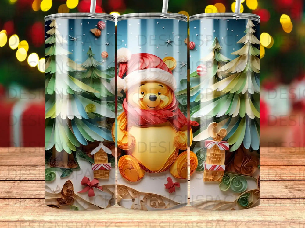 Winnie the Pooh in Santa hat and scarf, surrounded by snow-covered trees and presents.