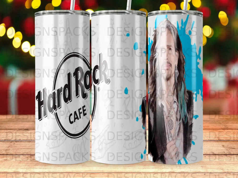 Hard Rock Cafe tumbler featuring a man with long hair and a bandana.