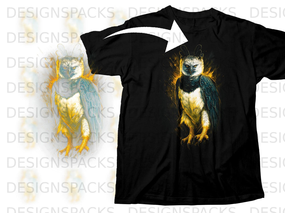Black t-shirt featuring a striking harpy eagle graphic with yellow and blue accents.
