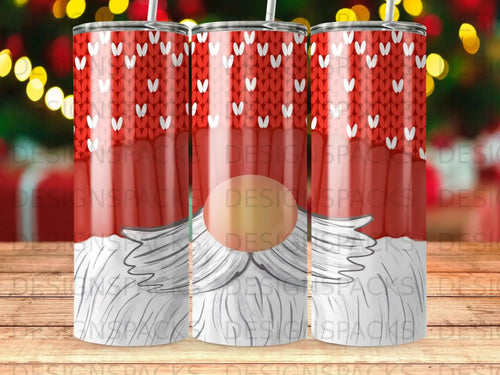 Red and white knit pattern tumbler with a Santa beard design.