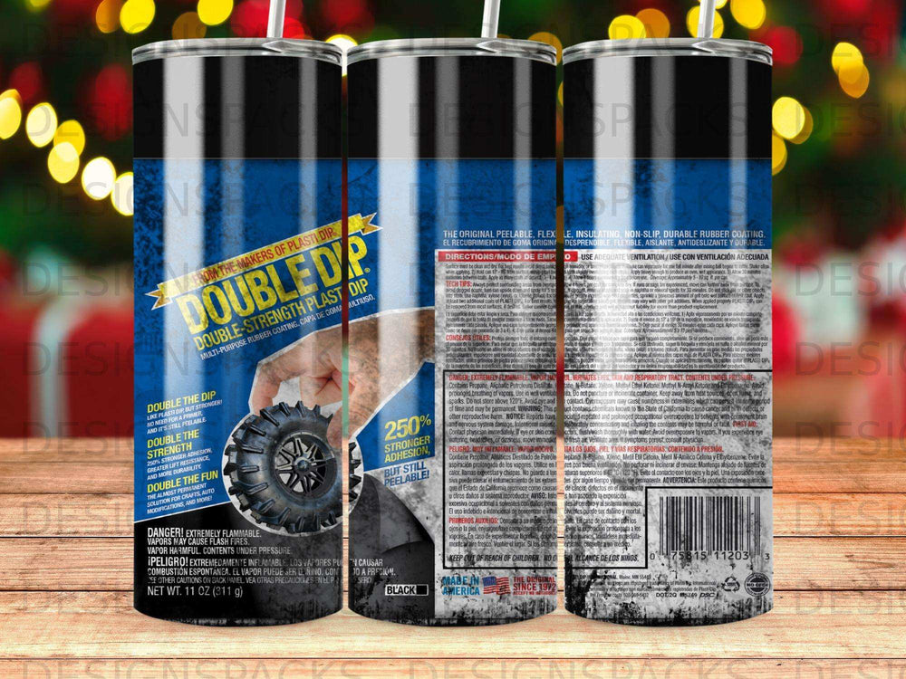 Black Double Dip rubber coating spray can with "250% Stronger" and "Still Peelable" text.