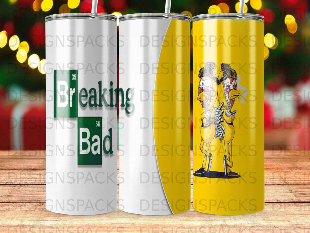 Breaking Bad cartoon chickens on insulated tumblers.