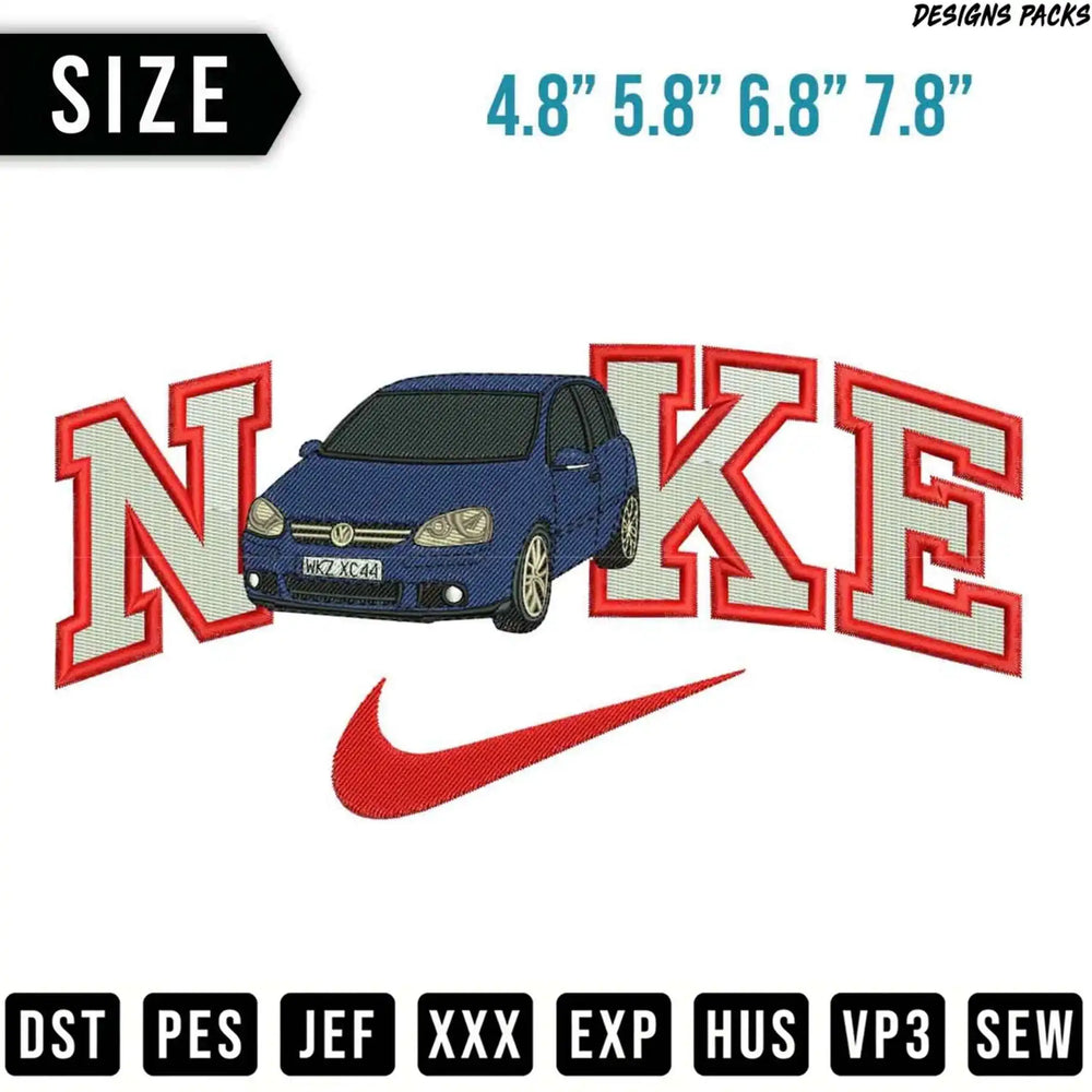 Nike logo with blue Volkswagen Golf GTI and size options.