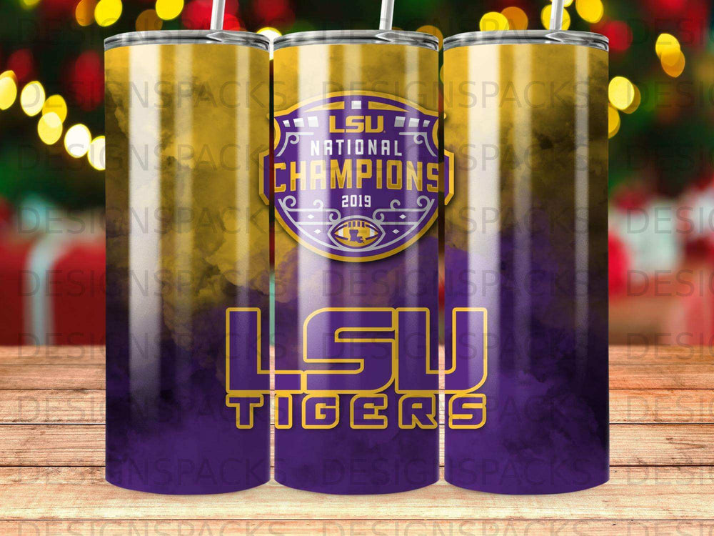 LSU Tigers National Champions 2019 tumbler with purple and gold accents.