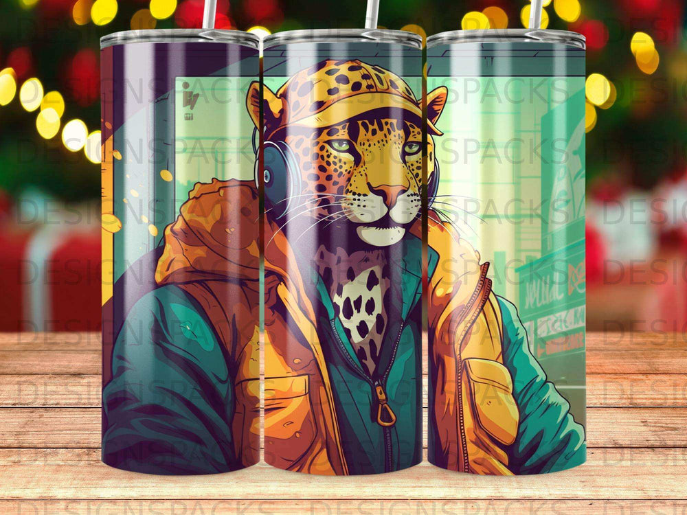 Leopard in headphones and jacket, wearing a beanie, against a city background.