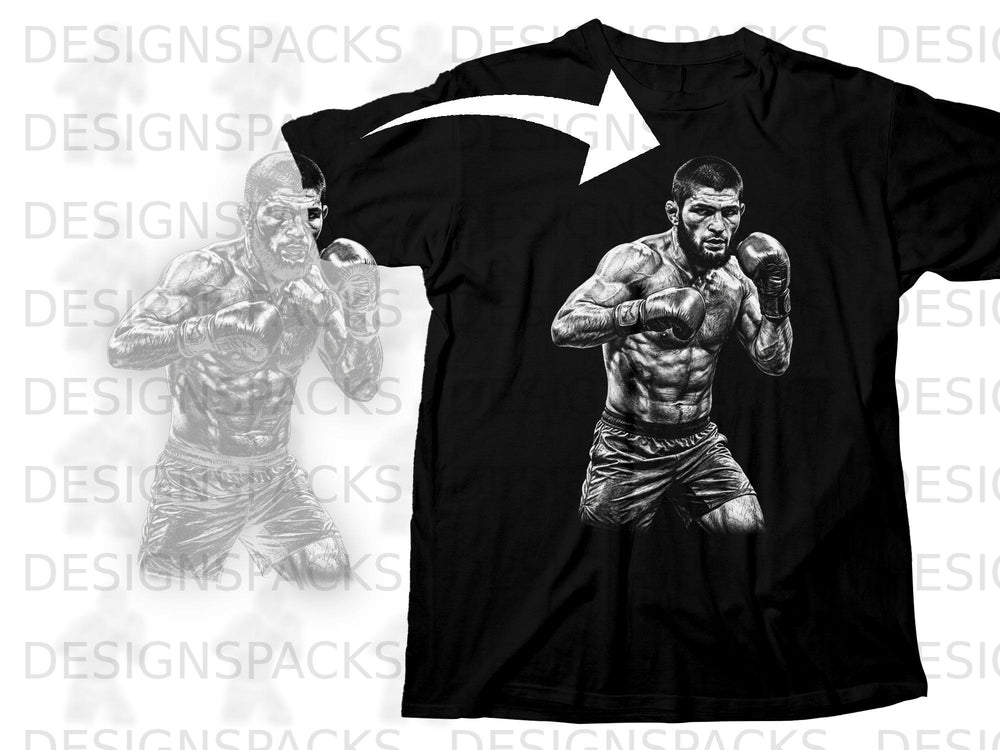Black t-shirt with a sketch of a muscular boxer in fighting stance.