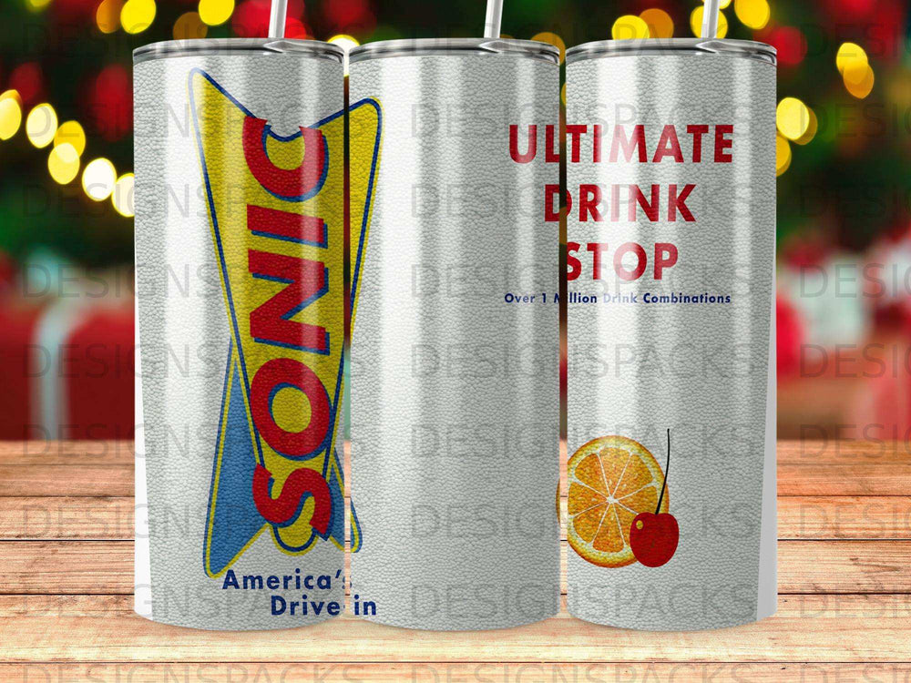 Sonic Drive-In tumbler with "ULTIMATE DRINK STOP" and fruit.