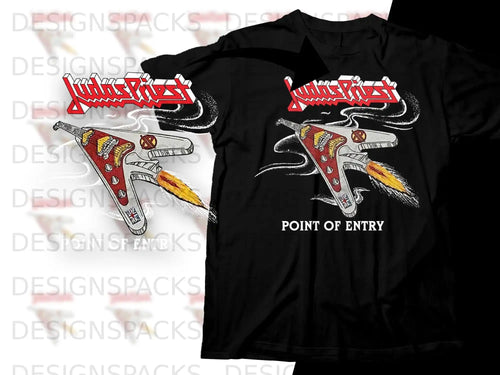 Judas Priest Point of Entry graphic on a black t-shirt.