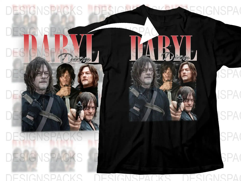 Daryl Dixon Fan T-Shirt, Walking Dead Inspired Graphic Tee, Multiple Poses, Black Cotton Shirt, TV Show Merchandise