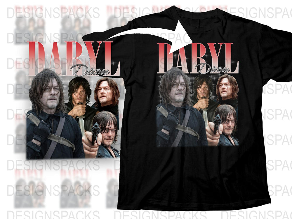 Daryl Dixon Fan T-Shirt, Walking Dead Inspired Graphic Tee, Multiple Poses, Black Cotton Shirt, TV Show Merchandise
