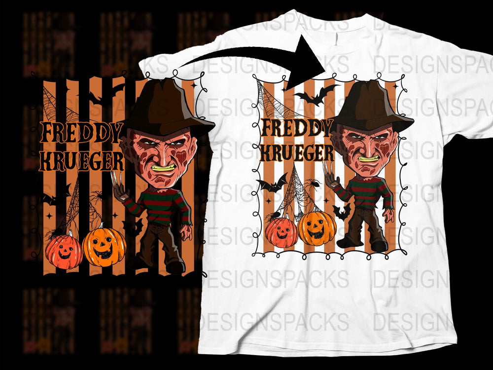 Freddy Krueger Halloween T-Shirt, Horror Movie Graphic Tee, Scary Character Design, Pumpkin and Stripes, Gift for Horror Fans