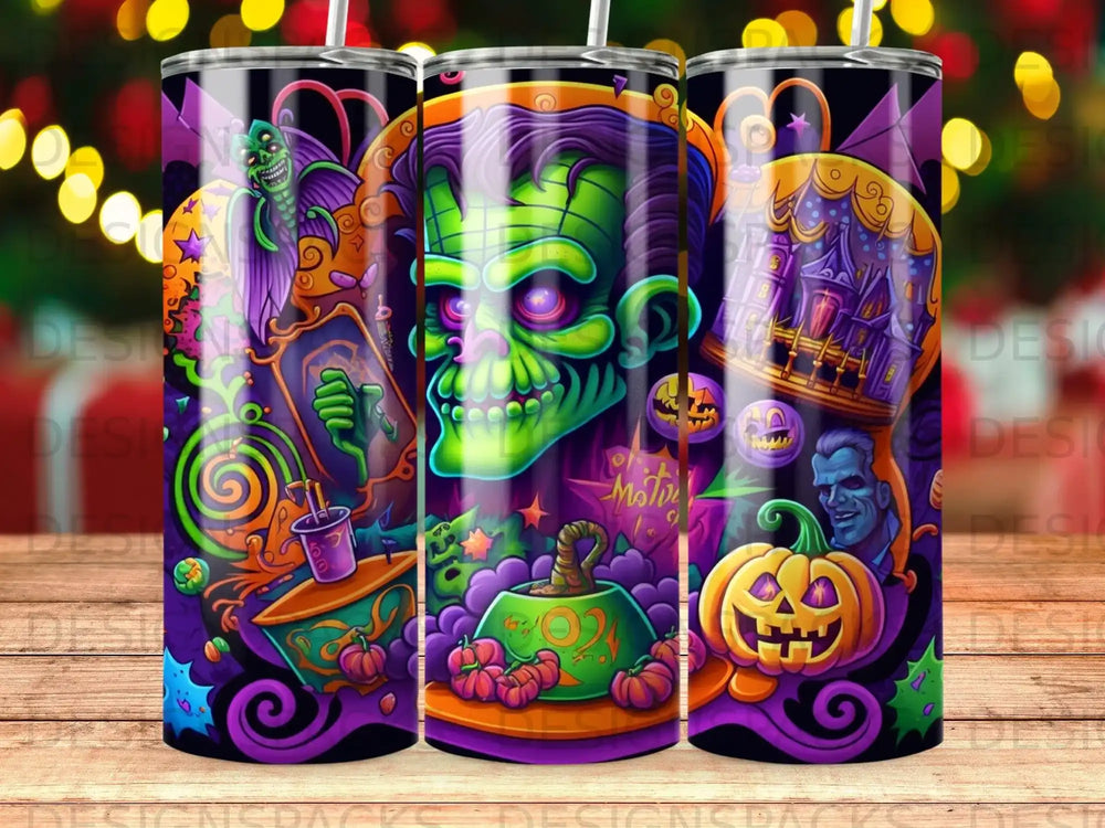 Halloween themed tumbler featuring Frankenstein's monster, pumpkins, and a haunted house.