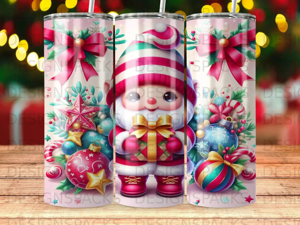 Christmas gnome with gift surrounded by ornaments and candy canes.