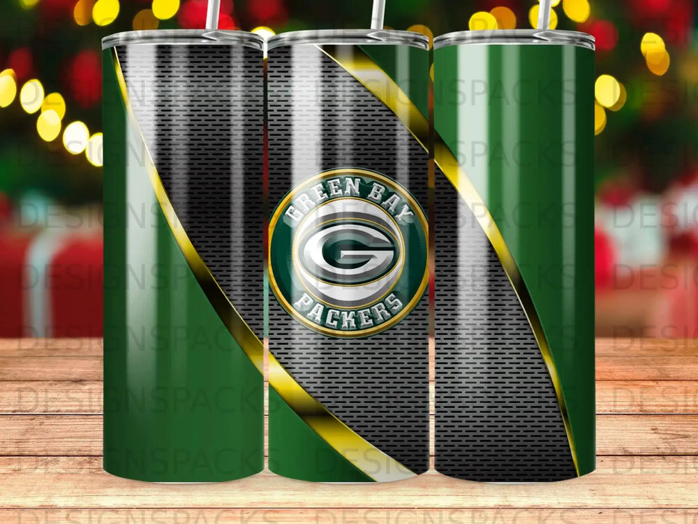 Green Bay Packers tumbler with repeating logo pattern and metallic accents.