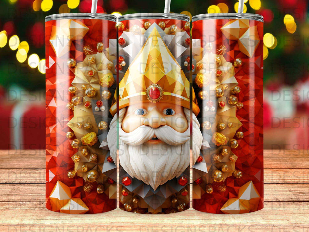 Sinterklaas wearing a gold hat with red and gold ornaments on a festive background.