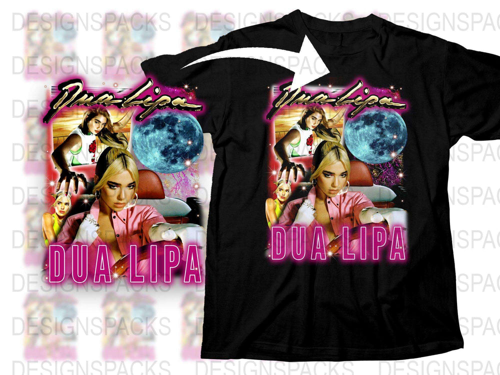 Pop Star Graphic T-Shirt, Colorful Dua Lipa Tee, Moon Background, Music Fan Apparel, Vibrant Artist Merchandise