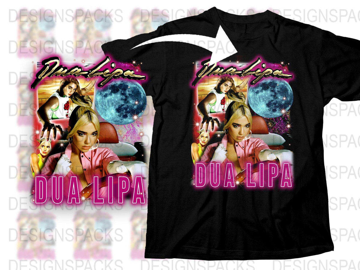 Pop Star Graphic T-Shirt, Colorful Dua Lipa Tee, Moon Background, Music Fan Apparel, Vibrant Artist Merchandise