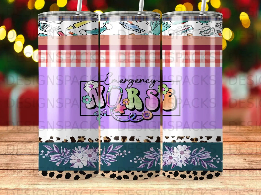 Tumbler wrap with nurses cross and floral pattern on wood background.