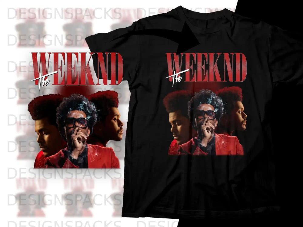 The Weeknd graphic t-shirt featuring artist portrait and logo.