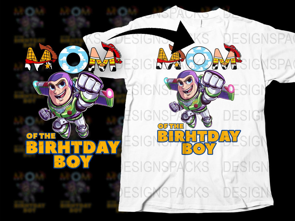 Buzz Lightyear Birthday Boy Mom T-Shirt, Toy Story Theme Party Outfit, Family Celebration Tee, Customizable Kids Party Shirt