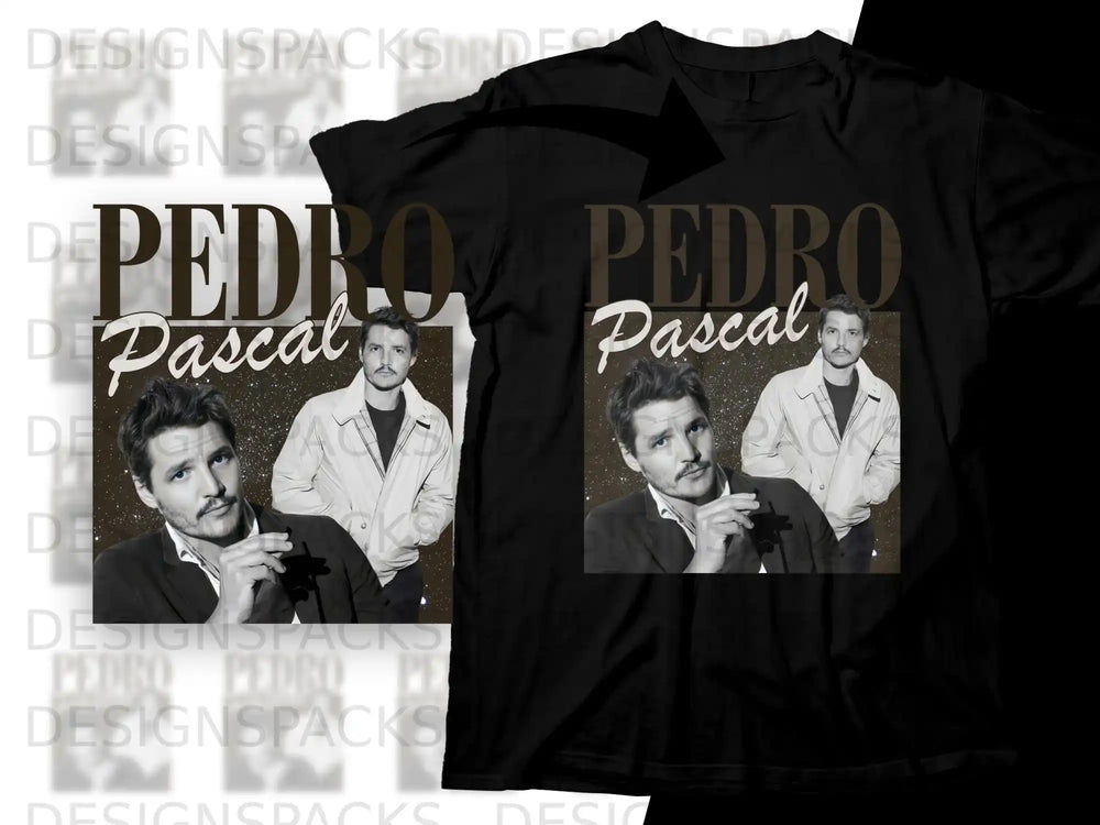 Black t-shirt featuring a graphic of actor Pedro Pascal.