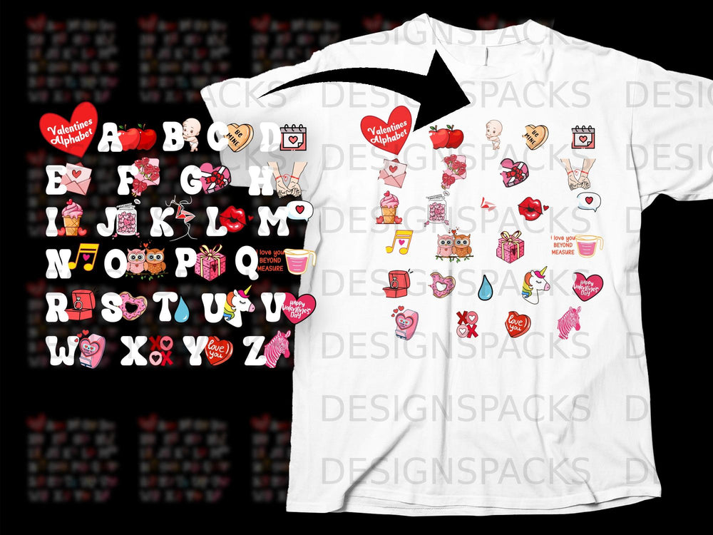 Valentines alphabet with illustrations on a white t-shirt mockup.