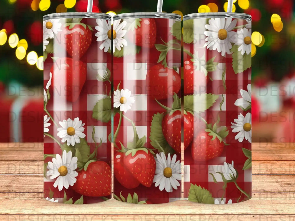 Red plaid pattern with strawberries and daisies, suitable for sublimation tumblers.