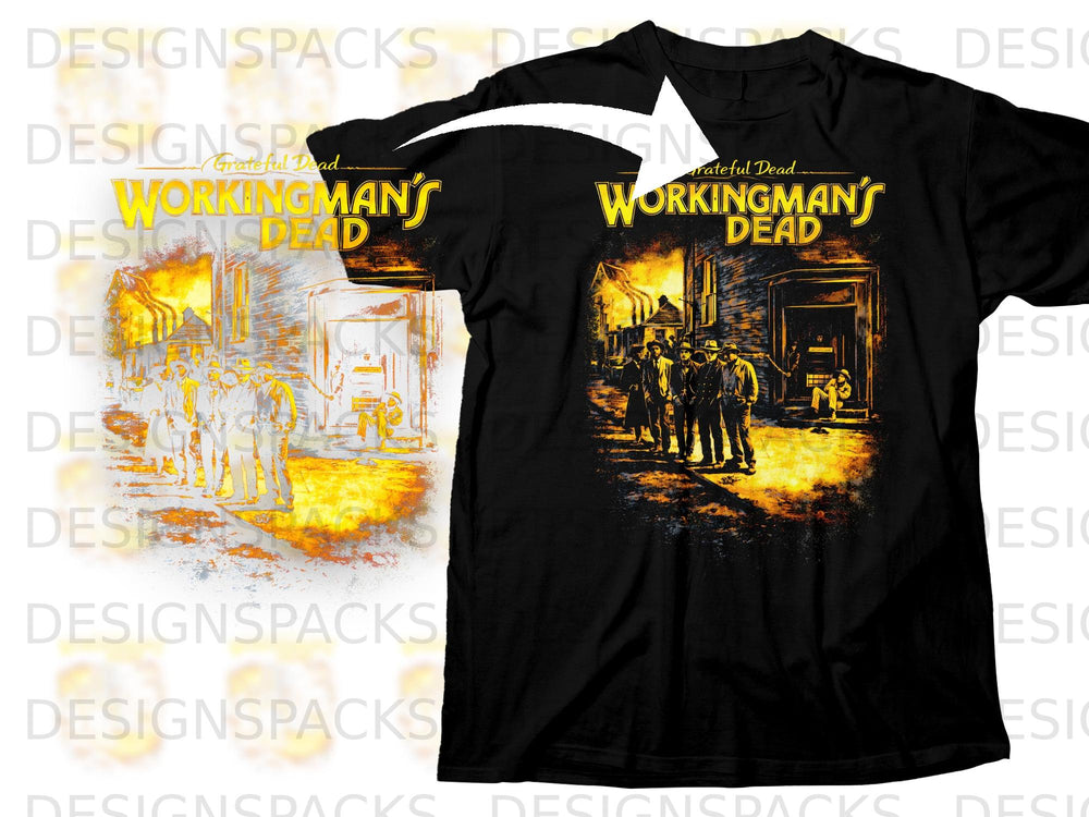 Black t-shirt with Grateful Dead Workingman's Dead graphic and firefighters.