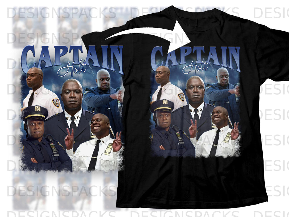 Black t-shirt featuring Captain Holt from Brooklyn Nine-Nine with police officers.