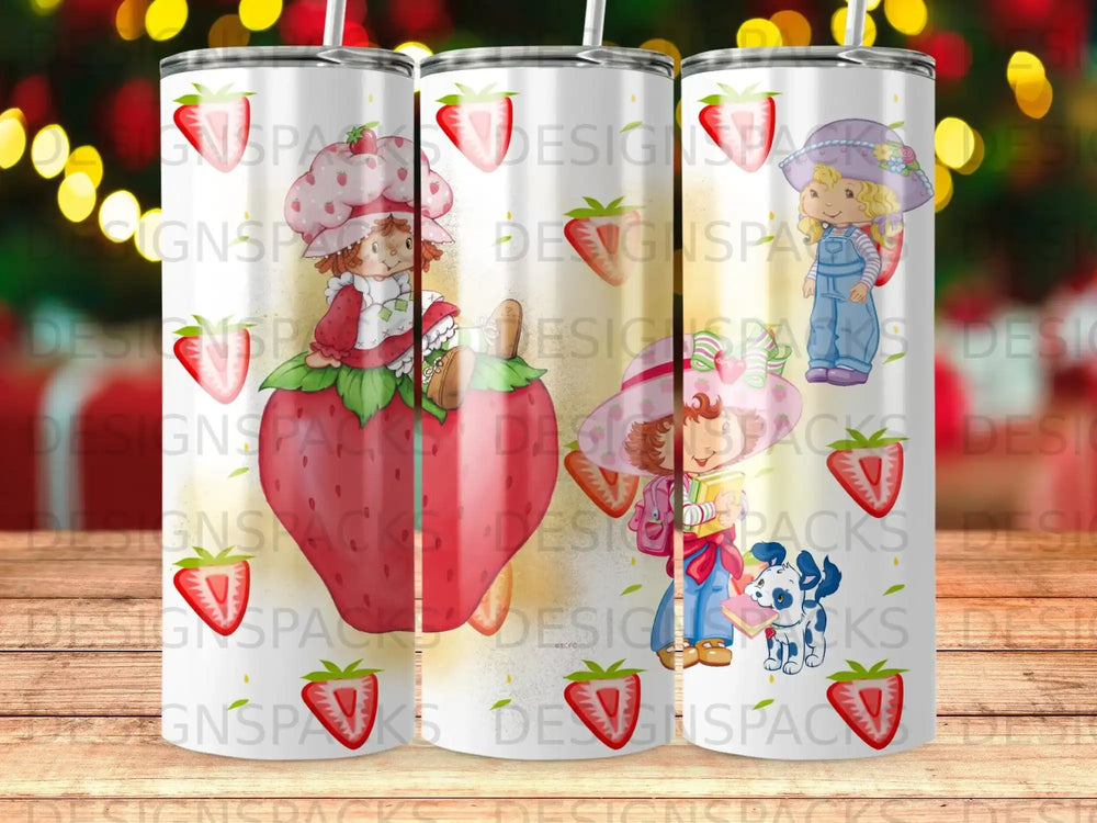Strawberry Shortcake characters on a pattern of strawberries and white swirls.