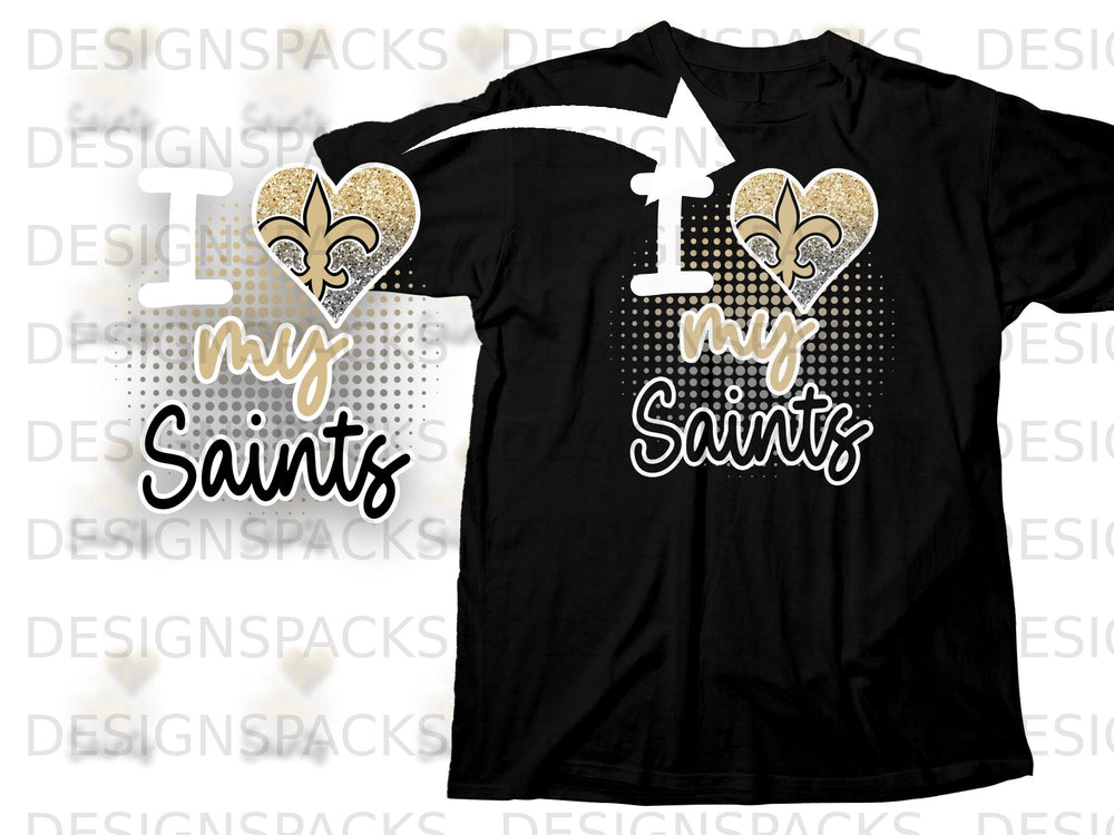 Black t-shirt with "I ♡ my Saints" graphic featuring a heart with a fleur-de-lis emblem.