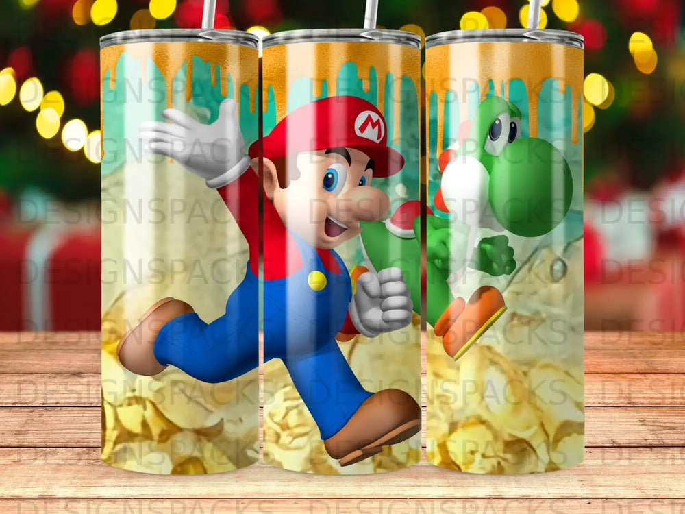 Mario and Yoshi running on a tumbler with cartoon background.