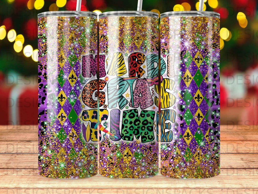 Mardi Gras Time tumbler with glitter and animal print.