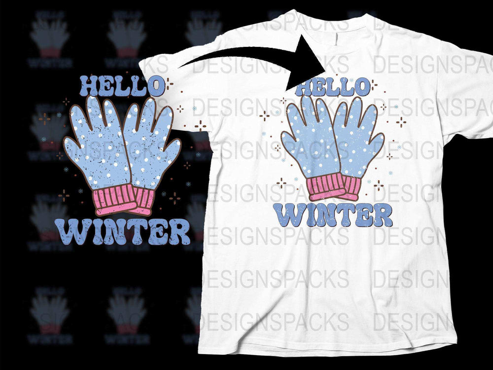 Hello Winter T-Shirt, Cute Snowy Mittens Design, Unisex Winter Apparel, Casual Snow Theme Tee