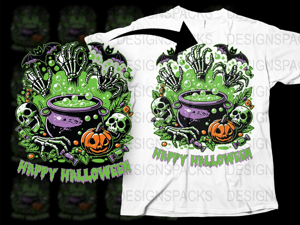 Happy Halloween Witch Cauldron T-Shirt, Spooky Green Potions, Festive Fall Apparel, October Clothing Gift