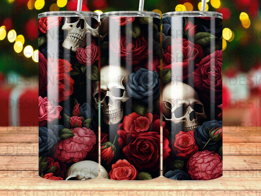 Skulls and roses tumbler design with dark, dramatic floral accents.