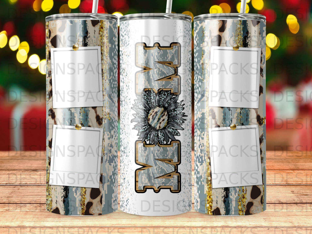 "Mom" tumbler with floral and leopard print designs.