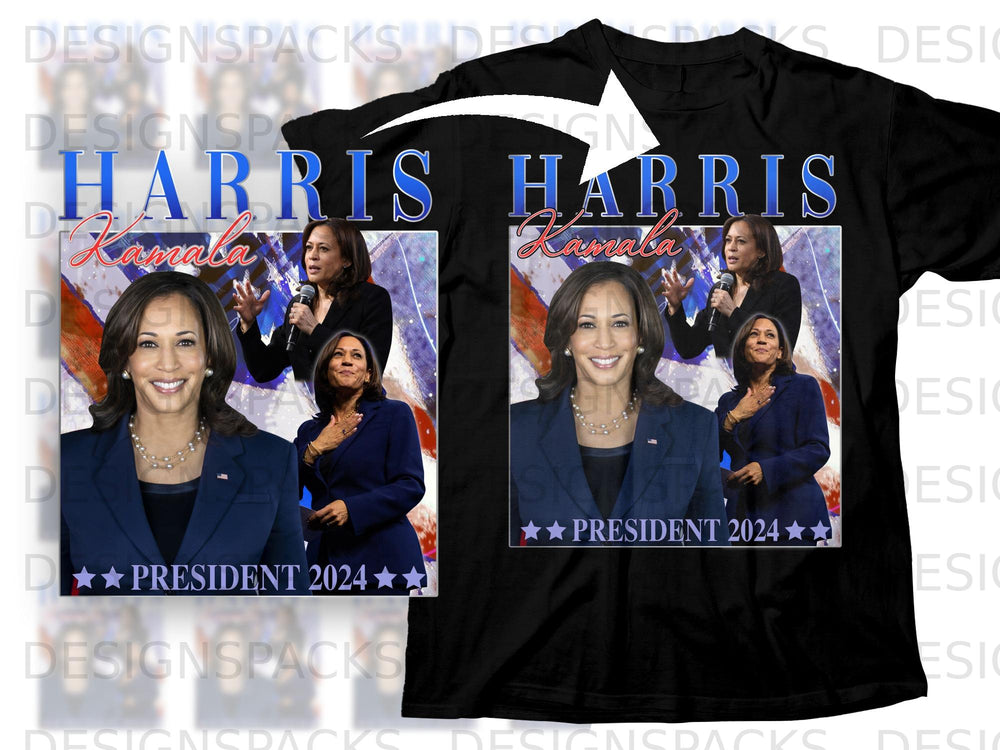 Kamala Harris campaign graphic with "President 2024" text.