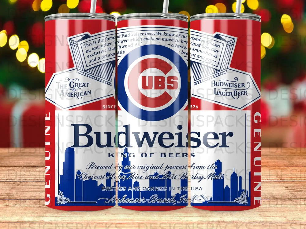 Budweiser beer tumbler with "Budweiser" logo and text.
